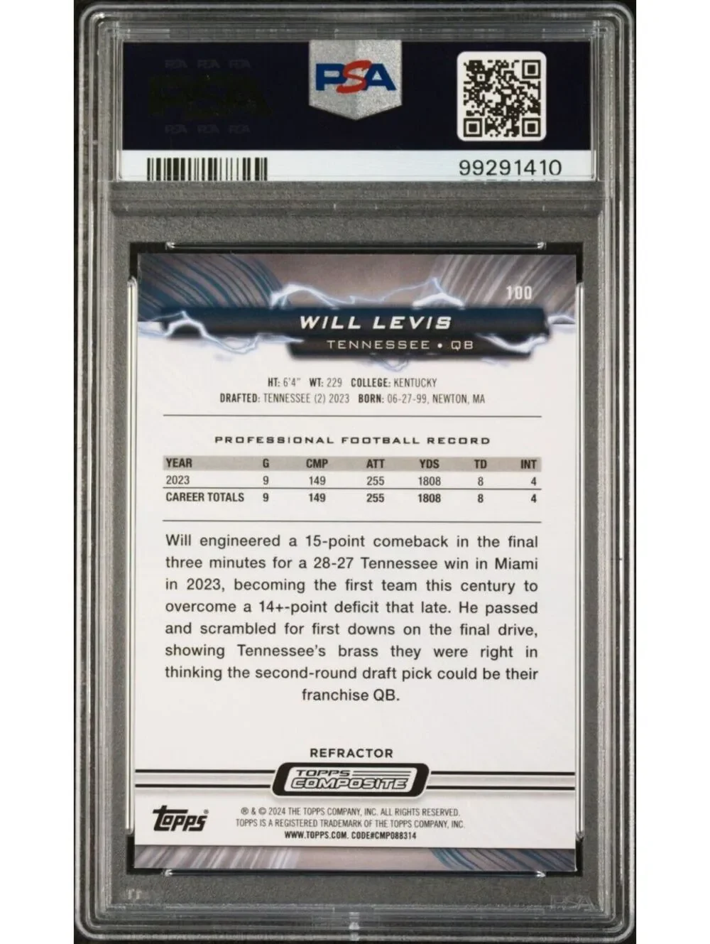 Will Levis 2023 Topps Resurgence Refractor NFL #100 Rookie Card PSA 10 Gem Mint